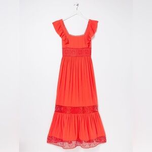 Fat Face Coral Pink Hibiscus Lace Maxi Dress size 4 copper & black